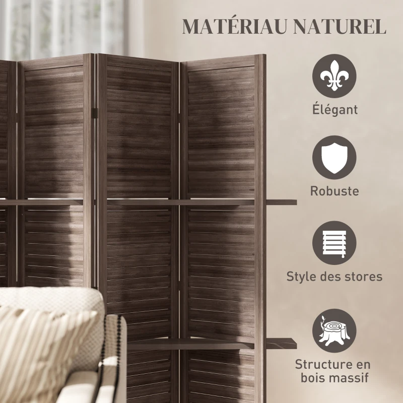 HOMCOM Paravent intérieur en bois 4 panneaux 160 x 170 cm, séparateur de pièce pliable avec 3 étagères, noyer
