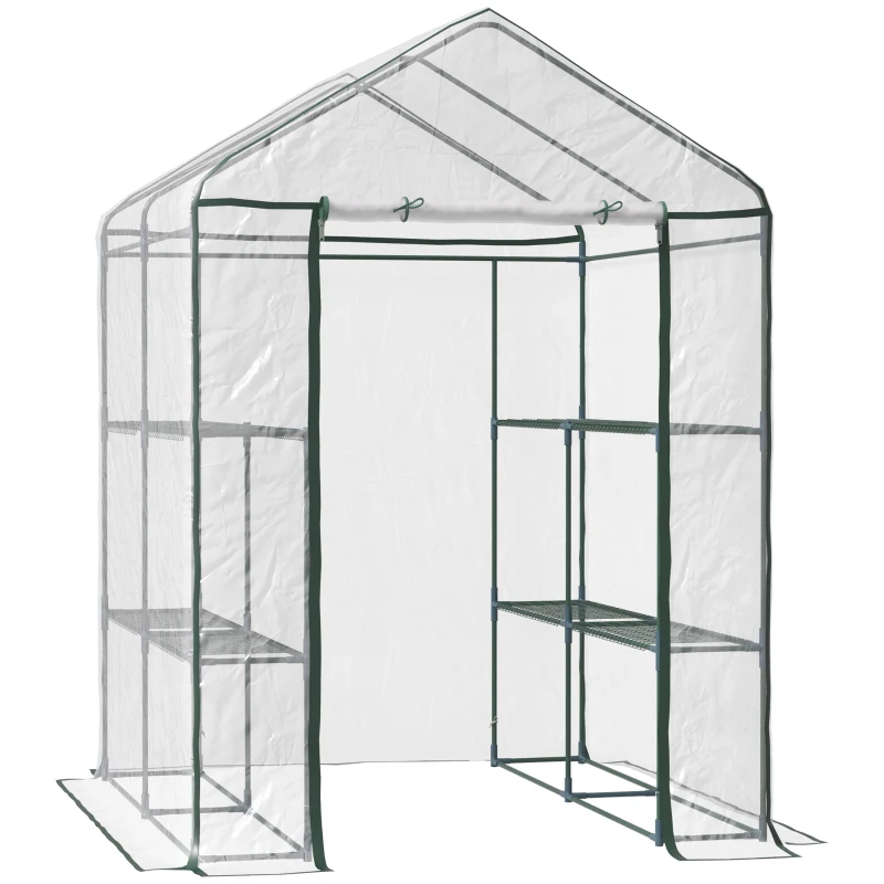Outsunny Walk in Greenhouse, 3-Tier Green House with 8 Shelves, Hemmed Cover and Roll-up Zipped Door, Steel Frame, 143 x 143 x 195 cm