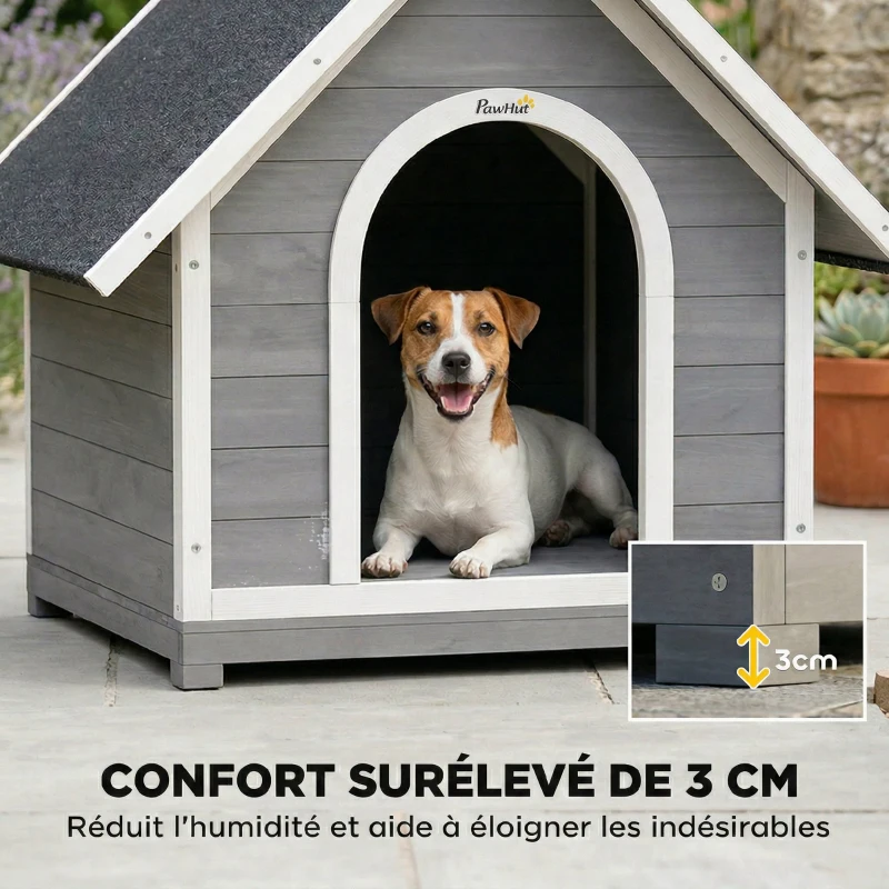 PawHut Niche pour Chien Extérieur Maison pour Chien Corps Entièrement Ouvrant pour Nettoyage Facile 84x101x86 cm Gris et Blanc