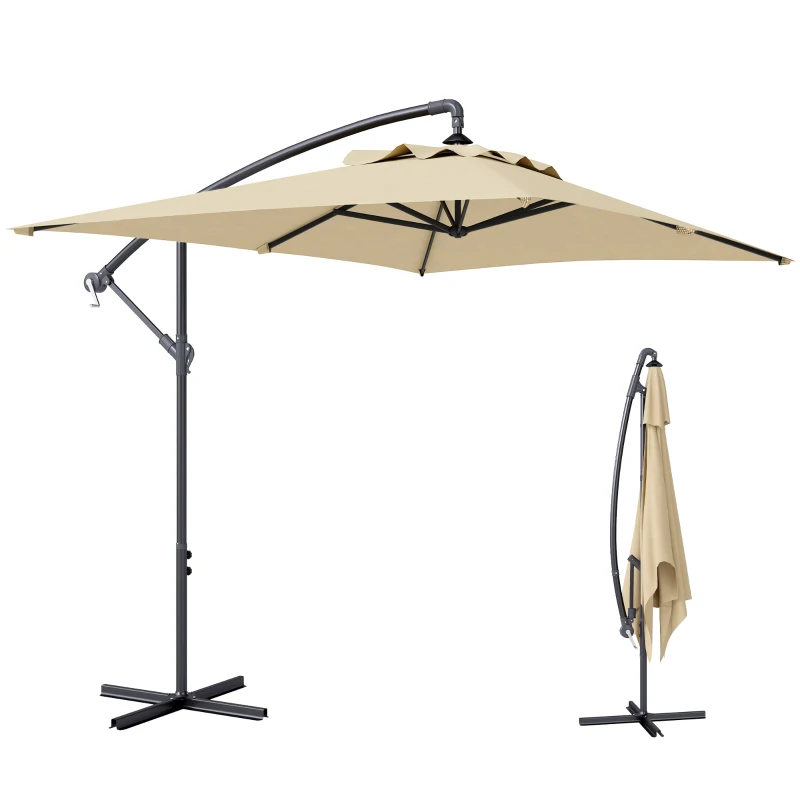 Outsunny 3m Square Canopy Cantilever Parasol, with Cross Base - Beige