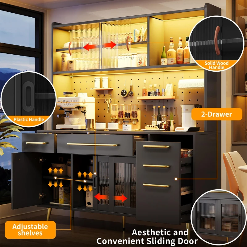 Modern Sideboard with App-Controlled LED Lighting and Music Mode, Tall Cabinet for Kitchen and Living Room, 145L x 39W x 171H cm, Black