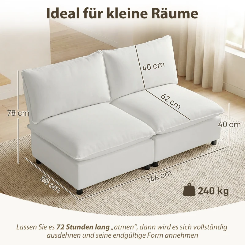 HOMCOM 2-osobowa sofa, 146 cm modułowa sofa z ekoskóry z szerokim i głębokim siedziskiem, grubymi poduszkami, łatwy montaż, Szara