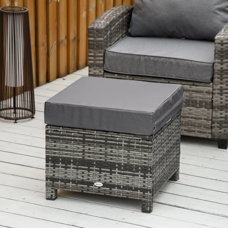 Outsunny Outdoor PE Rattan Footstool, Patio Wicker Ottoman with Cushion, for Backyard Garden Poolside Living Room 50 x 50 x 35 cm, Grey