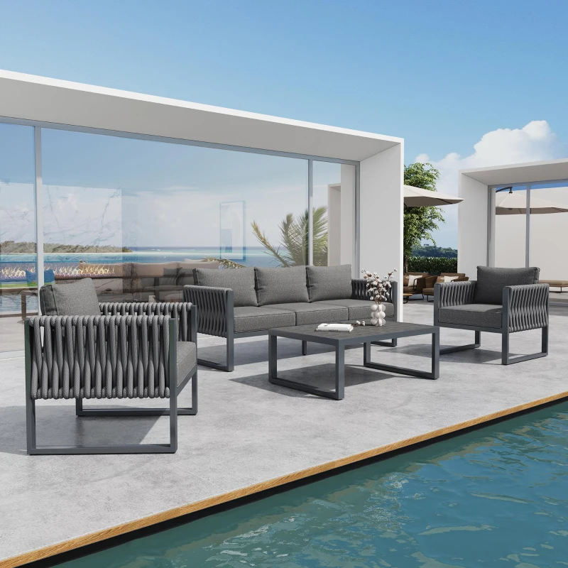 Stylish Garden Furniture Set with Galvanised Metal Frame, Comfortable Garden Sofa Set for 5 People, 167L x 61W x 63H, Gray