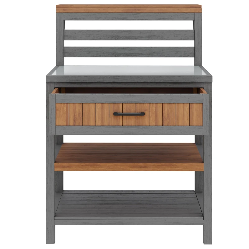 Wooden Garden Cabinet with Large Drawer and 2-Tier Shelf, Weather‑Resistant Sideboard for Patio Workspace, 80L x 72.5W x 123H cm, Natural