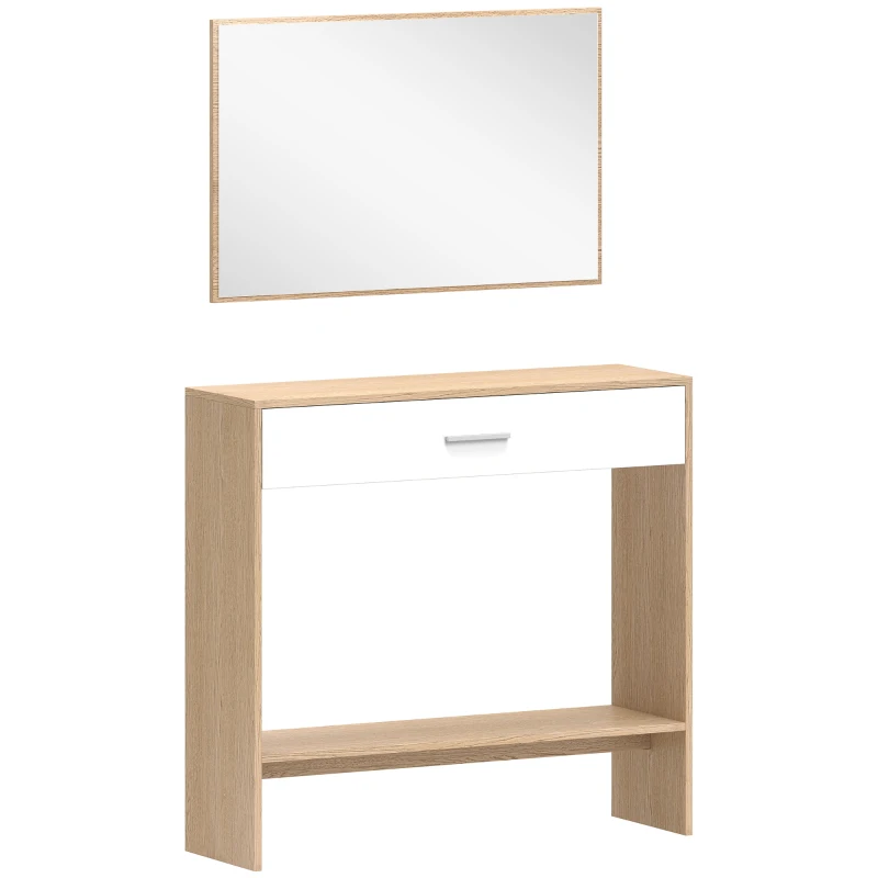HOMCOM Console meuble + miroir, table console étroite avec tiroir et étagère, style moderne, 91,5 x 27,9 x 85,5 cm, chêne