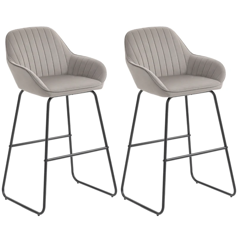 HOMCOM Bar Stools Set of 2, Velvet Upholstered Breakfast Barstools with Footrest and Armrest, Kitchen High Stools with Metal Legs for Home Bar, Kitchen Islands, Grey