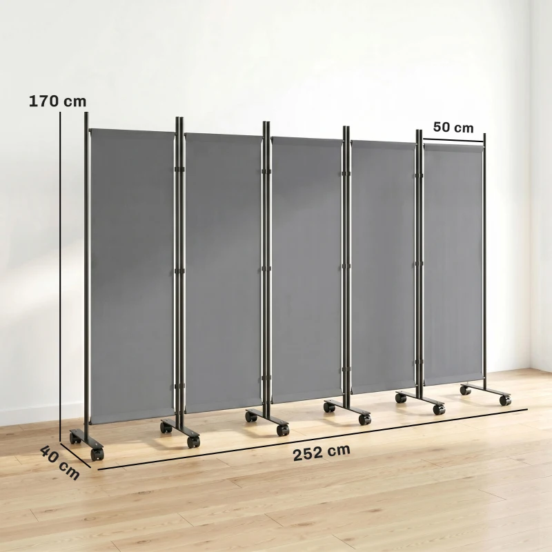 Outsunny Kamerscherm 5-delig 252 x 40 cm Vrijstaand Paravent met 12 Wielen Opvouwbaar DIY Donkergrijs