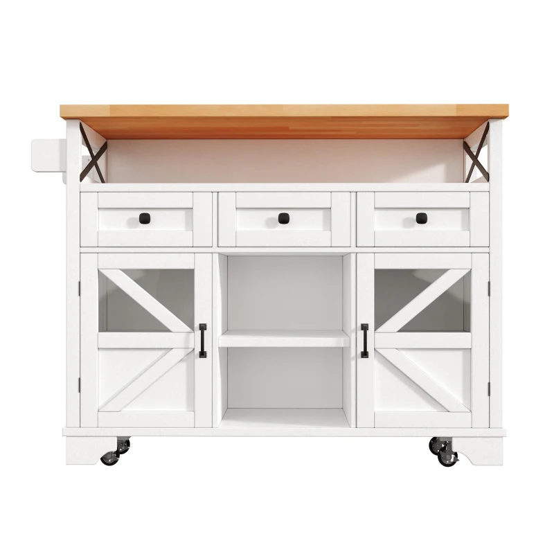 Multifunctional Kitchen Cart with 3 Drawers and 2 Glass-Front Doors, Mobile Kitchen Island with Drop-Leaf Table, 120L x 71W x 98H cm, White