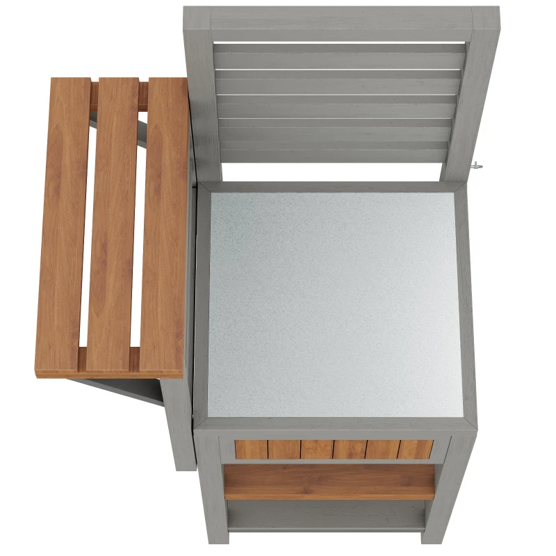 Wooden Garden Cabinet with Stainless Steel Worktop & 2-Tier Shelving, Versatile Sideboard for Patio or Balcony, 74L x 54W x 149H cm, Natural