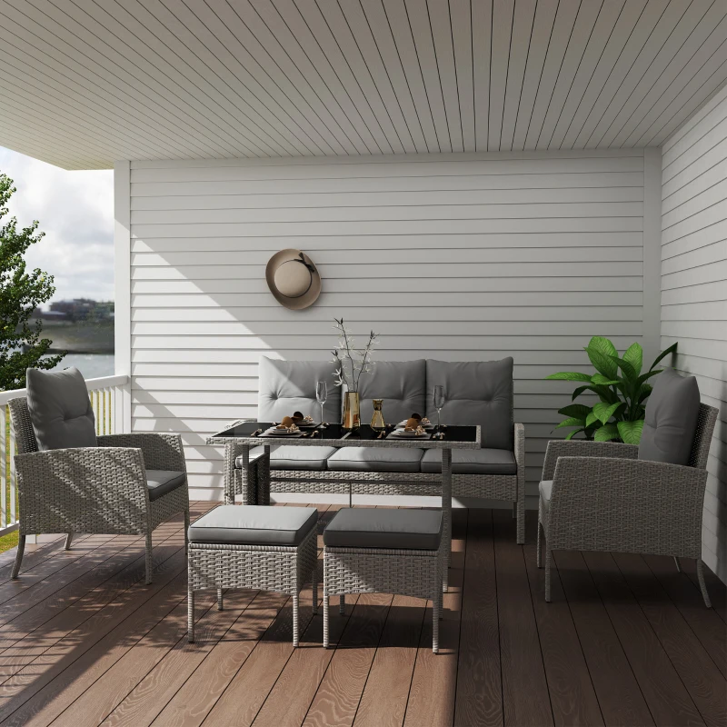 Outsunny 5 Seater Rattan Garden Furniture Set, 6 Piece Garden Sofa Set, Armchairs, 3-Seater Sofa, Footstools, Glass Dining Table, Cushions, Wicker Outdoor Furniture for Conservatory Patio, Grey