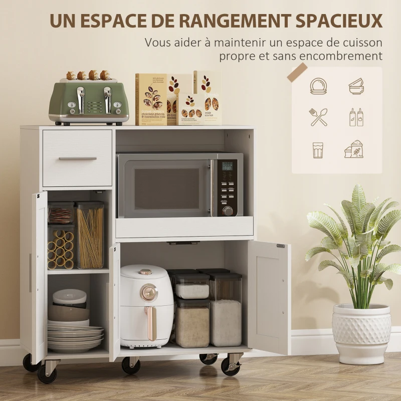 HOMCOM Desserte cuisine à roulettes, meuble micro onde, plateau coulissant, tiroir, placards 3 portes, 80x40x88,7cm, blanc(m-4)
