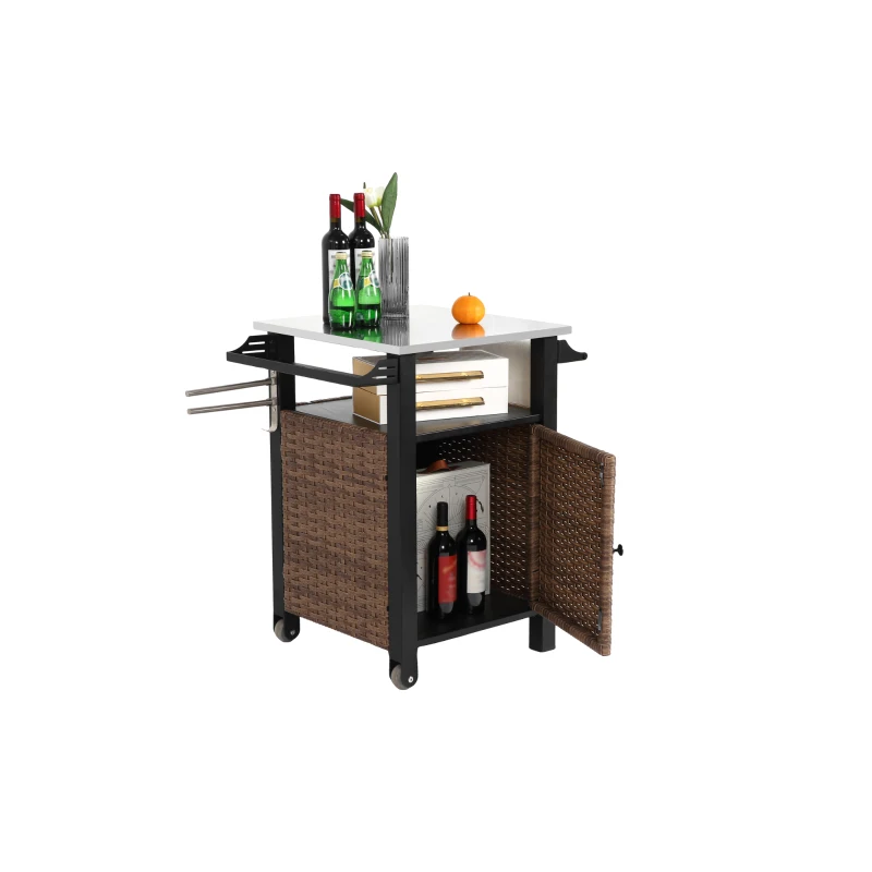 Outdoor-Barwagen mit mit Rollen und Stauraumschrank, 76x57x85 cm, Braun
