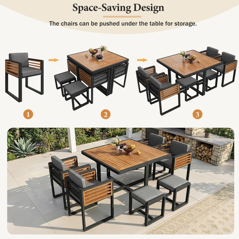 Modern 14-Piece Garden Dining Set with Stackable Chairs, Outdoor Patio Furniture Set with Sturdy Metal Frame, 113L x 113W x 76H cm, Gray