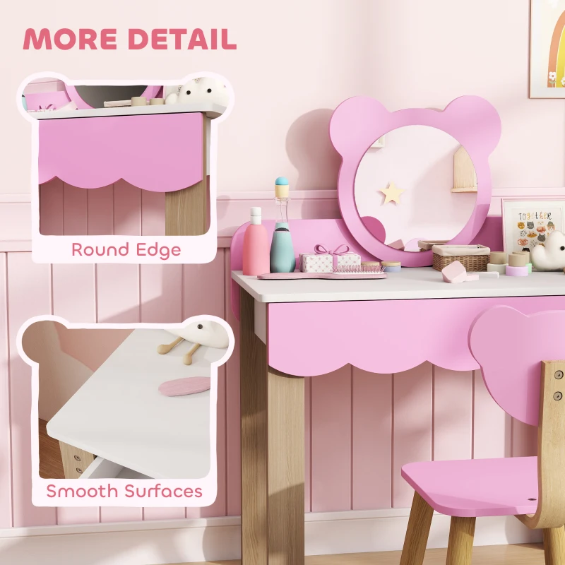 AIYAPLAY Two-Piece Kids Vanity Table Set with Mirror and Stool, Bear-Shaped Makeup Dressing Table Set with Drawer for Toddlers Ages 3-8 Years, Pink