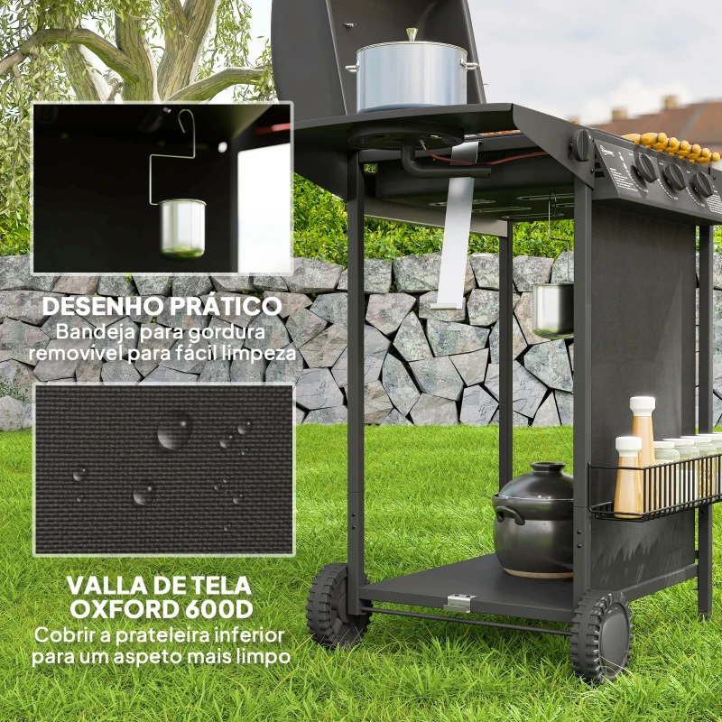 Outsunny Barbacoa de Gas con 3 Quemadores Quemador Lateral Tapa con Termómetro Parrilla y Mesa Lateral Ruedas 108x54x97 cm Negro
