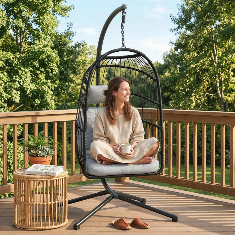 Outsunny Fauteuil Œuf Suspendu Pliable avec Support Coussin 15cm et Appui-tête Gain de Place Résine Tressée 101x105x196cm Gris