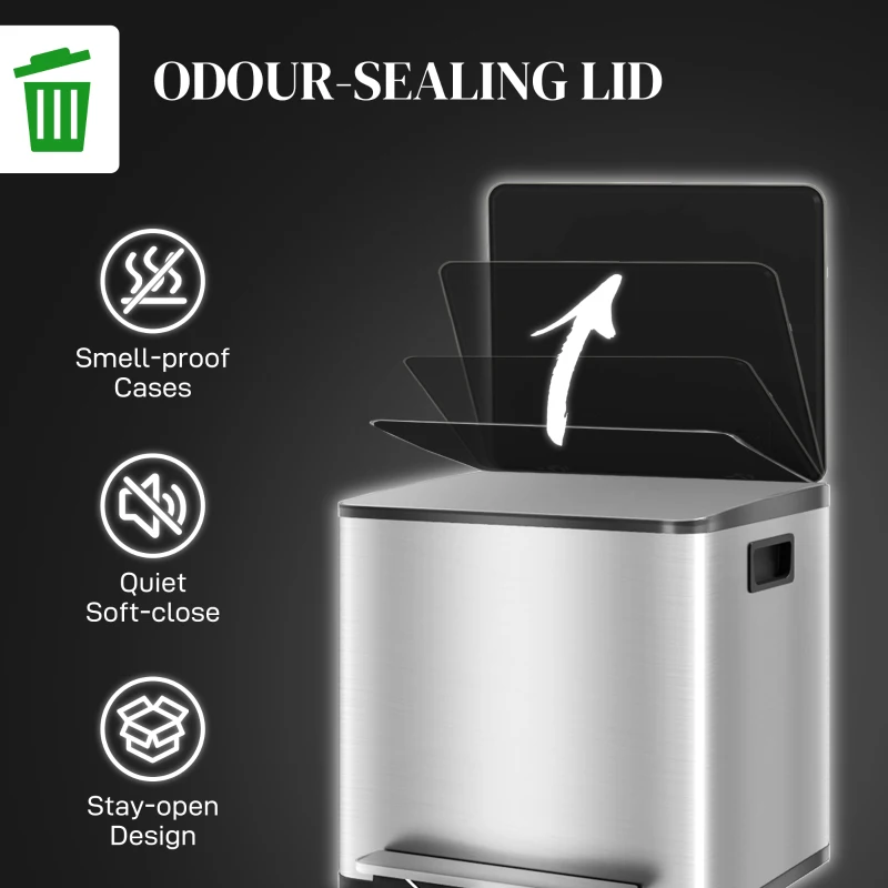 HOMCOM 30L Dual Compartment Stainless Steel Bin, with Deodoriser Holders - Silver Tone