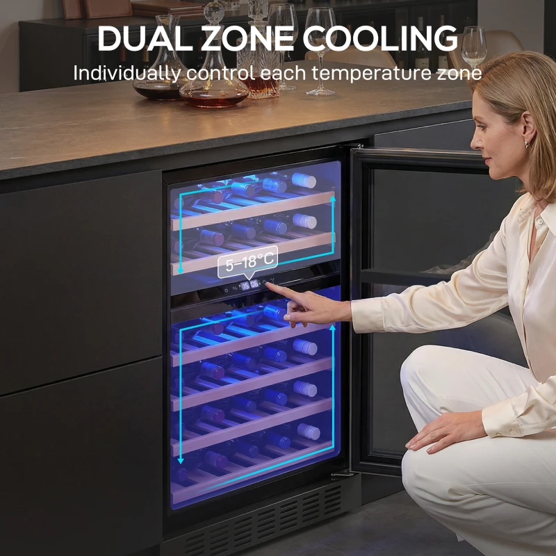 HOMCOM Cantinetta Vino Doppia Temperatura 5–18 °C 46 Bottiglie 131L con Porta in Vetro Temperato Triplo, Nero