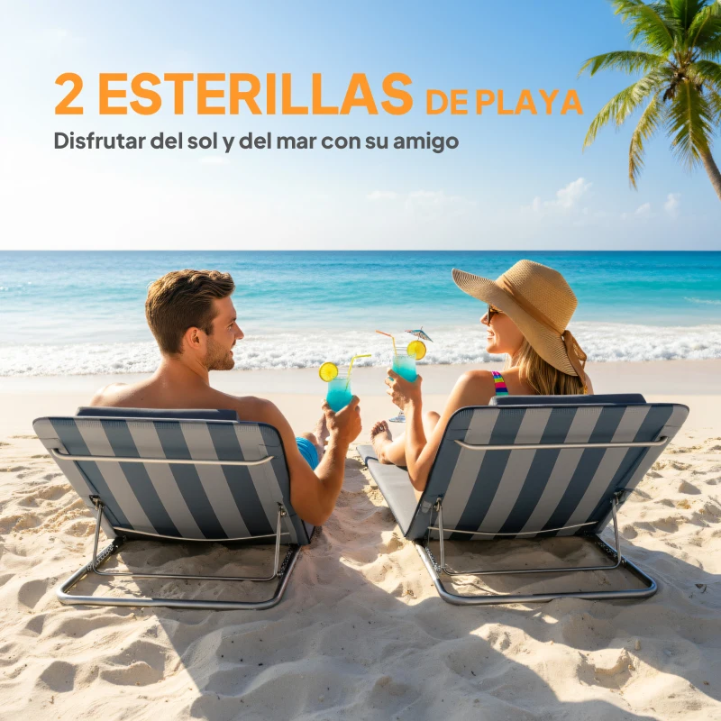 Outsunny Conjunto de 2 Esterillas con Respaldo Reclinable Reposacabezas y Bolsa de Transporte 134x48x33-43 cm Blanco y Azul