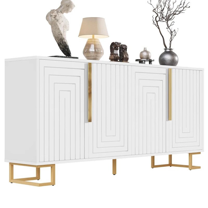 Stylish Sideboard with 2 Doors, 4 Shelves and Geometric Door Design, Durable Cabinet with Slim Metal Feet, 152L x 40W x 75H cm, White