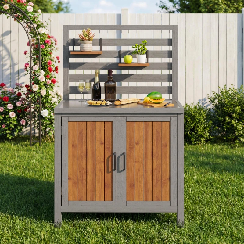 Weatherproof Garden Cabinet with Stainless‑Steel Worktop, Versatile Grilling Station for Patio and Balcony, 80L x 51W x 148.5H cm, Natural