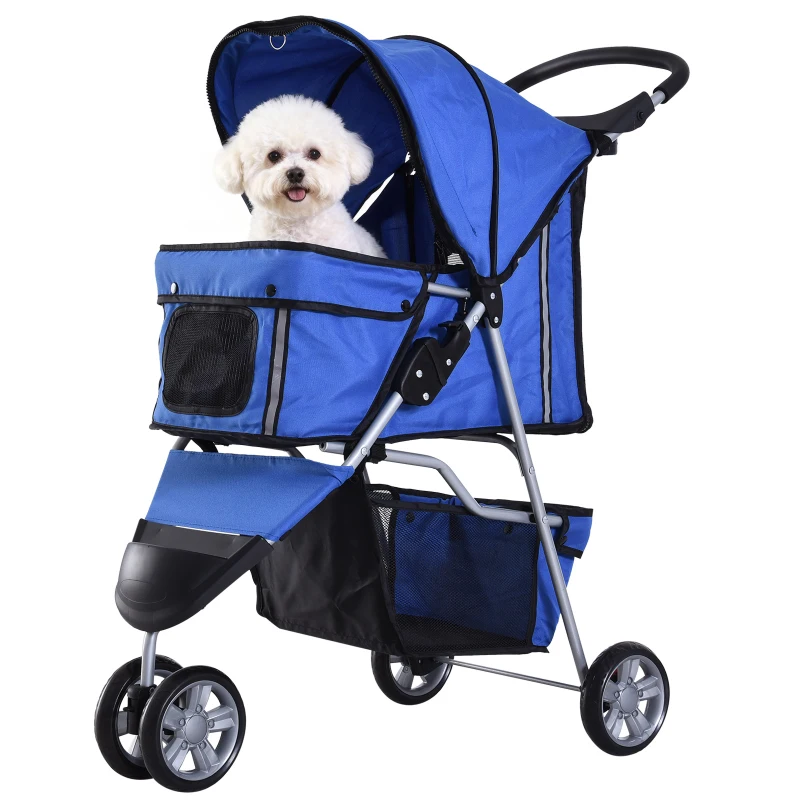 PawHut Carrito para Perros Pequeños con Cesta de Almacenaje Ventanas de Malla y 2 Ruedas Universales 75x45x97 cm Azul