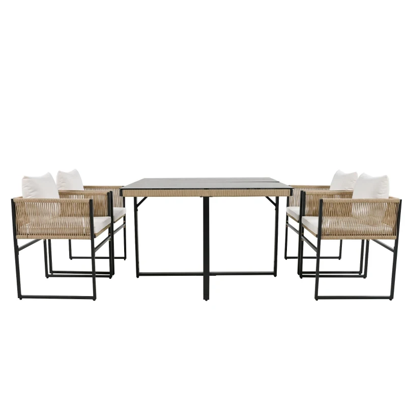 5-Piece Garden Dining Set with Hand-Woven Rope Chairs, Modern Garden Furniture Set for Balcony, 110L x 110W x 74H cm, Beige+Black