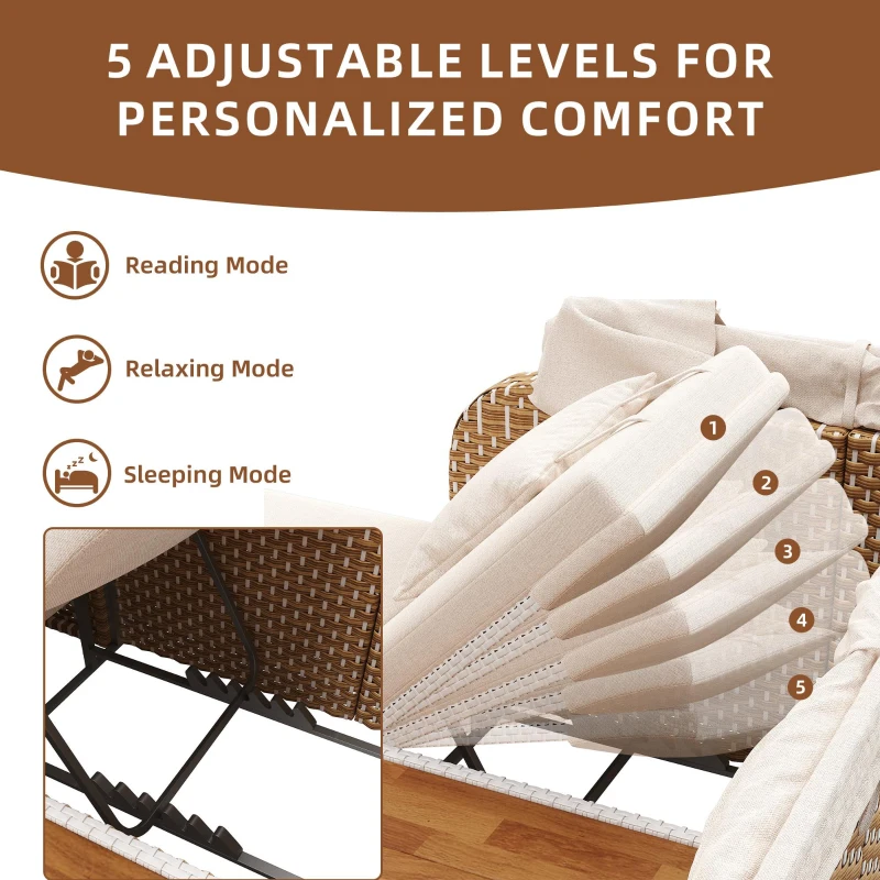 Outdoor Wicker Double Chaise Lounge with Openable Adjustable Canopy, Modern Garden Furniture Set for Patio, 160L x 192W x 137H cm, Beige