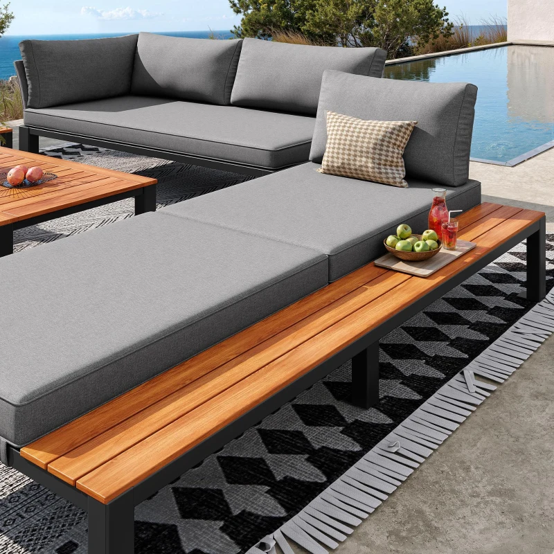 Modular Outdoor Garden Sofa Set with Aluminium Frame, Sturdy Lounge Set with Acacia Wood Coffee Table, 150L x 81.5W x 76H cm, Gray
