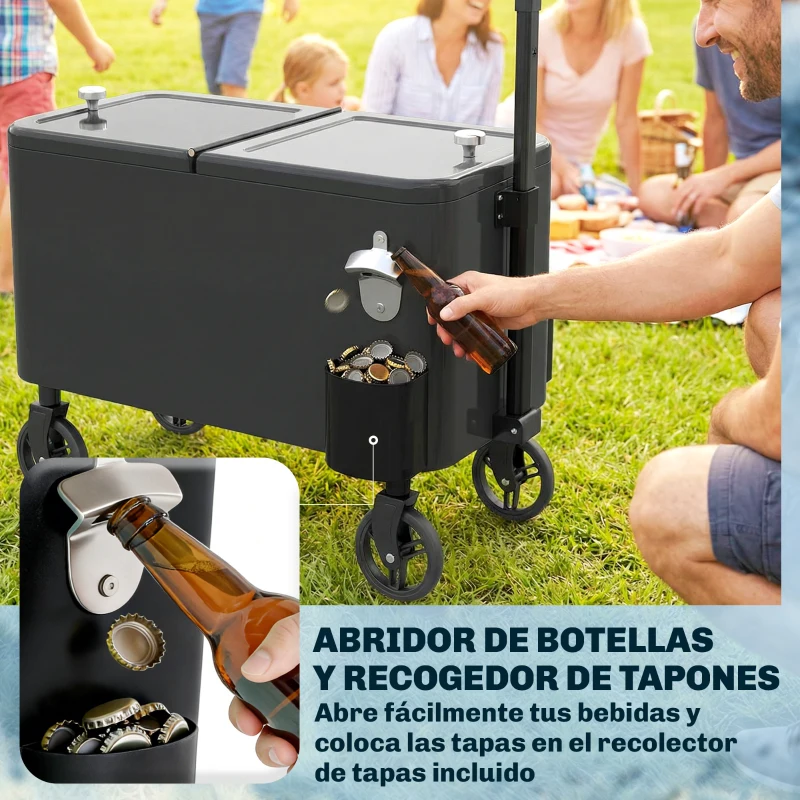Outsunny Carrito Nevera de 56L con Ruedas Mango Ajustable Abrebotellas Recogetapas Drenaje y Asa 75x35x120 cm Negro