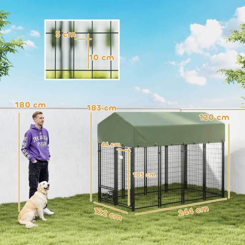 PawHut Recinto per Cani da Esterno in Acciaio con Tetto in Tessuto Oxford, Anti-UV, Impermeabile, 2 Ciotole, Verde
