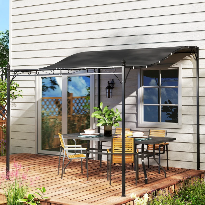 Outsunny Pergola 3 x 2,5 m, montowana na ścianie, wodoodporna altana ogrodowa, metalowy stelaż, otwory drenażowe, dach zacieniający, ciemnoszara