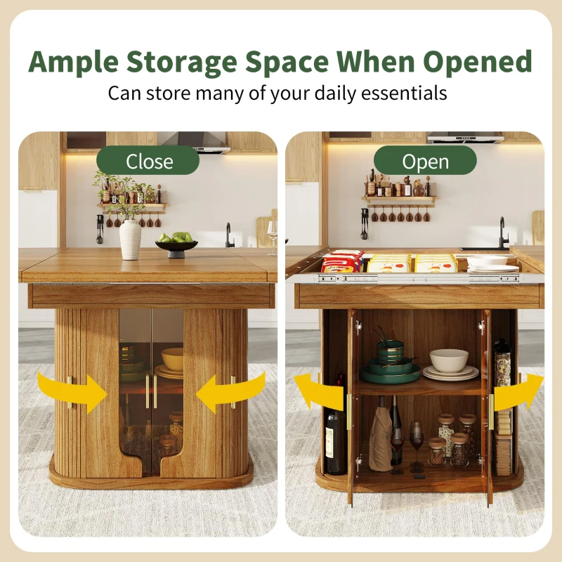 Extendable Dining Table with Hidden Storage and Glass Doors, Round Kitchen Table for 6 People, 118-158L x 118W x 77H cm, Walnut