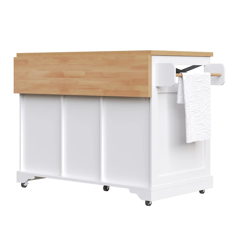 Mobile Kitchen Island with Drop-Leaf Table and Multi-Tier Snack Shelves, Serving Cart with App-Controlled LED, 120L x 72W x 98H cm, White