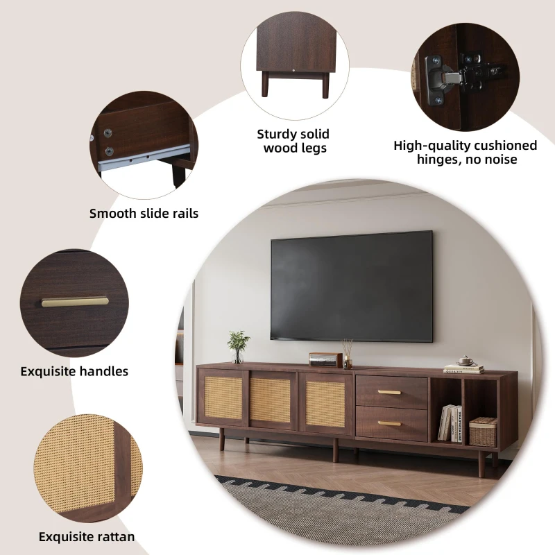 Stylish TV Stand Cabinet with Rattan Sliding Doors & 2 Drawers, Sturdy Media Console with Ample Storage, 190L x 40W x 52H cm, Wood