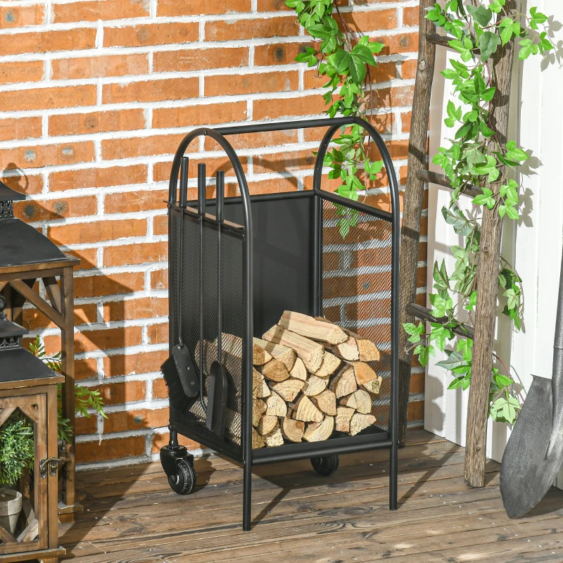 Outsunny Range-bûches porte bûches sur roulettes avec accessoires pelle balai et tisonnier 37,5 x 37,5 x 80 cm noir