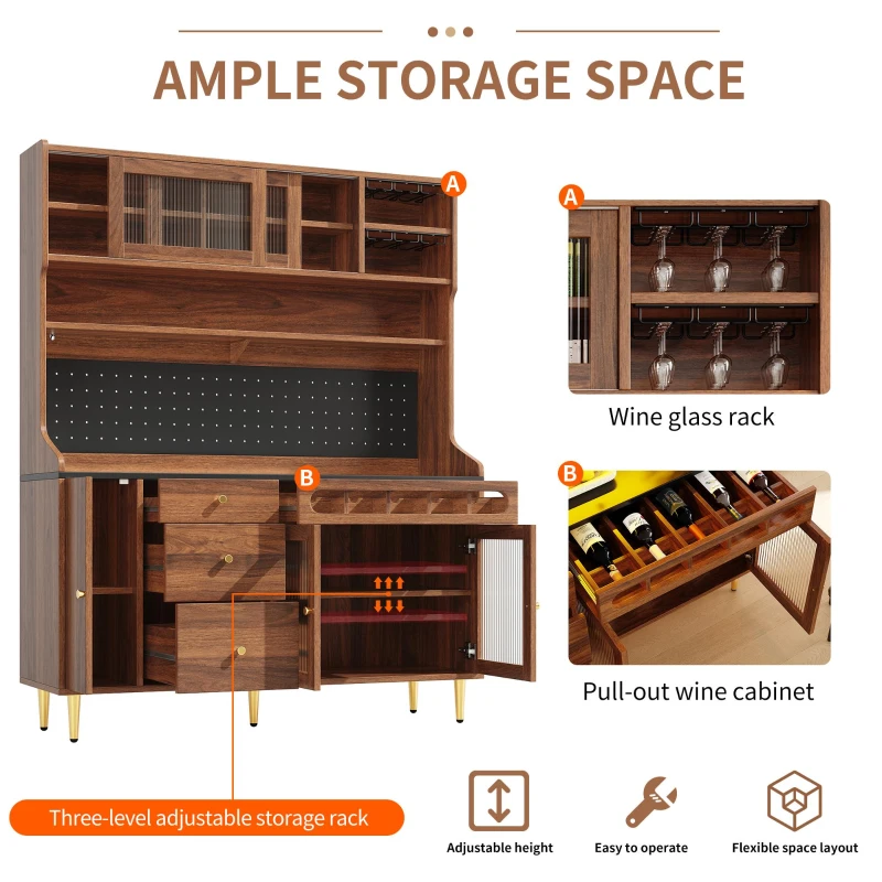 Stylish Highboard with LED Lighting & App Control, Freestanding Storage Cabinet with Adjustable Shelves, 145L x 39W x 171H cm, Walnut