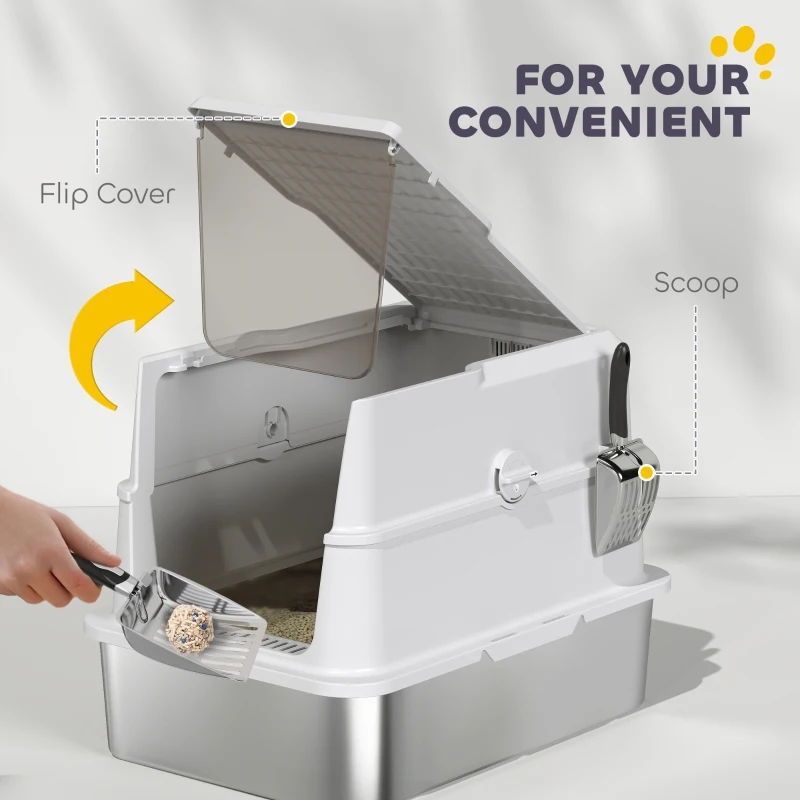 PawHut Kuweta dla kota, stal nierdzewna, wnętrze XL, z łopatką, jasnoszara