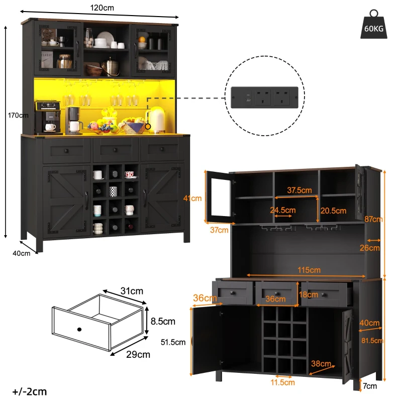Tall Kitchen Cabinet with Integrated Power Strip and Wine Glass Rack, Stylish Sideboard with Cable Management, 120L x 40W x 170H cm, Black