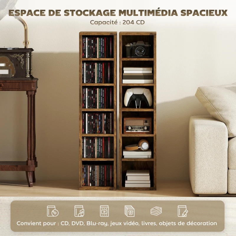 HOMCOM Lot de 2 étagères colonnes armoire de rangement CD-DVD 12 compartiments 21 x 22,5 x 88,5 cm capacité 204 CD marron