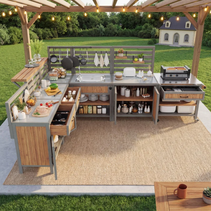 Outdoor BBQ Side Table with Stainless Steel Worktop, Mobile Garden Cabinet with Lockable Castors, 404L x 134.5W x 148.5H cm, Natural