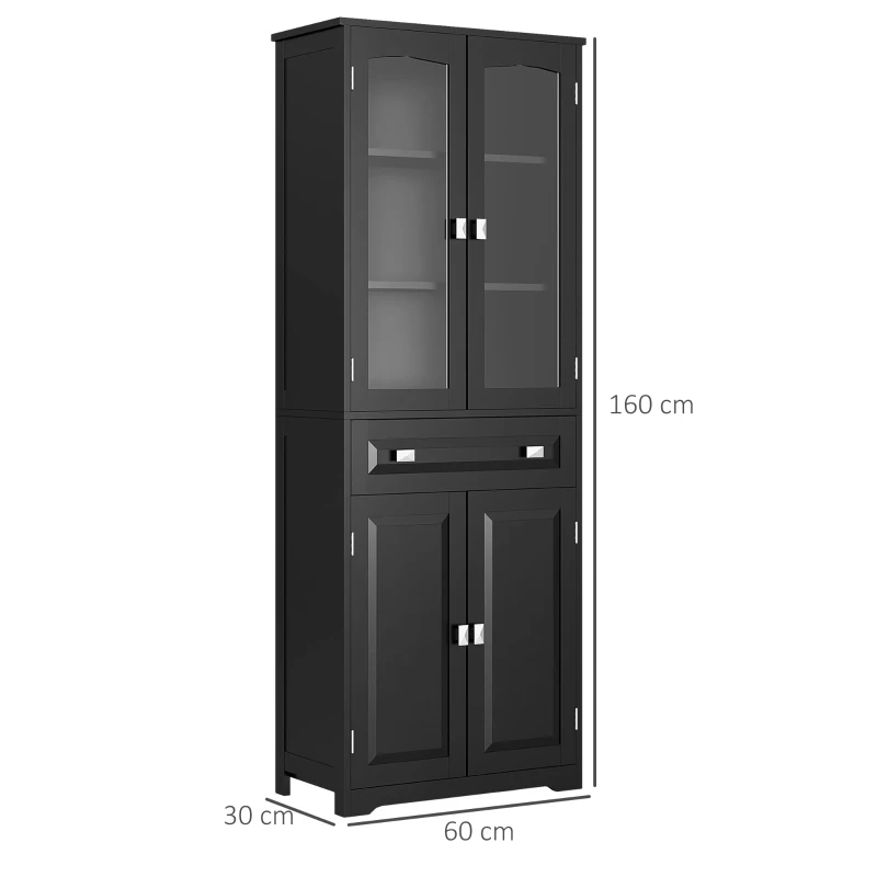HOMCOM Buffet haut armoire de cuisine 4 portes dont 2 portes vitrées et 1 tiroir hauteur 160 cm avec étagères en bois noir