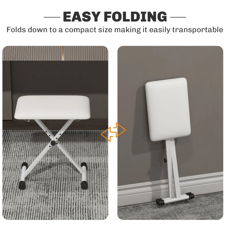 HOMCOM Stołek do pianina z regulowaną wysokością, składana ławka X-kształtna z wyściełanym siedziskiem, 39 x 29 x 37–47 cm, biały