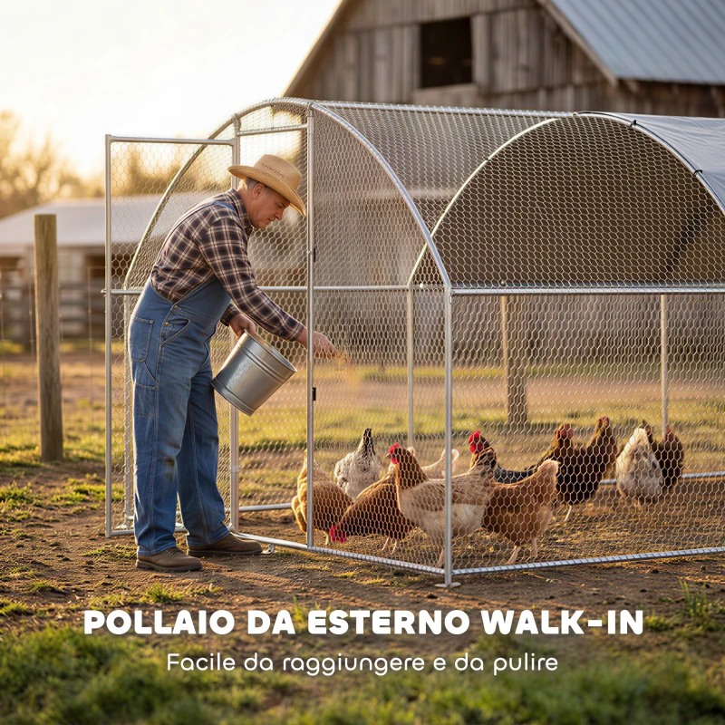 PawHut Pollaio per Galline da Esterno con Tetto Impermeabile e Serratura, in Acciaio Zincato, 2.8x3.4x1.9 m, Argento