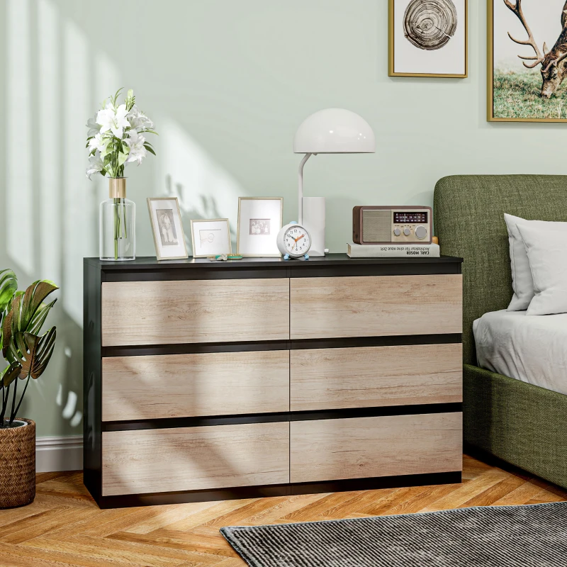 HOMCOM Commode 6 tiroirs meuble de rangement sans poignées design minimaliste 120 x 39 x 75 cm noir et bois naturel