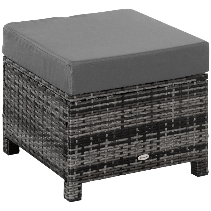 Outsunny Outdoor PE Rattan Footstool, Patio Wicker Ottoman with Cushion, for Backyard Garden Poolside Living Room 50 x 50 x 35 cm, Grey