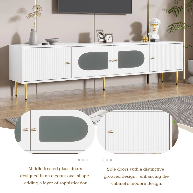 Stylish TV Stand with 2 Glass Doors and Metal Support Legs, Sturdy TV Cabinet for Living Room or Bedroom, 170L x 35W x 50H cm, White