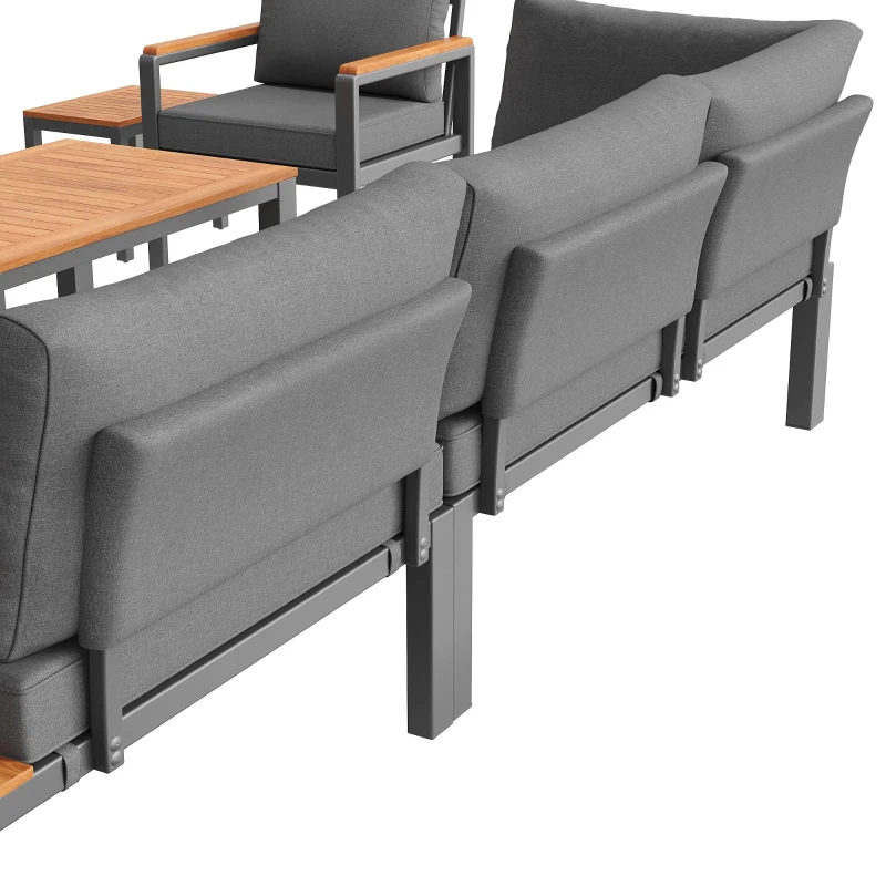 Modular Outdoor Garden Sofa Set with Aluminium Frame, Sturdy Lounge Set with Acacia Wood Coffee Table, 150L x 81.5W x 76H cm, Gray