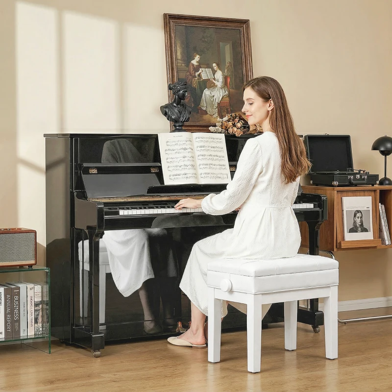 HOMCOM Banquette tabouret siège pour piano coffre intégré hauteur réglable bois hévéa assise revêtement synthétique blanc
